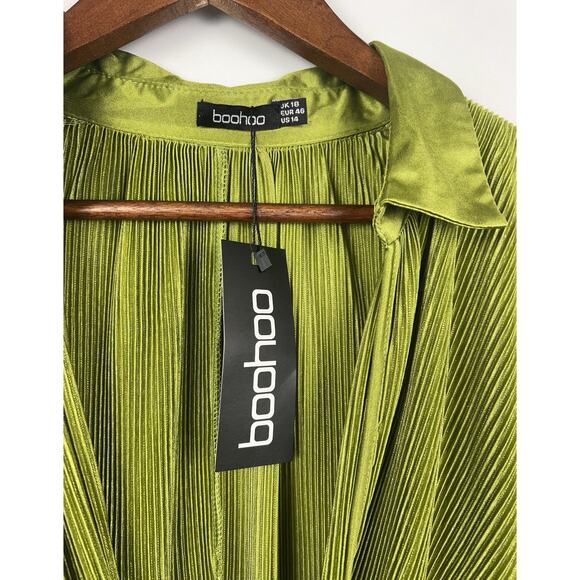 Boohoo Green 14 Pleated Twist Front Stretch Midi Dress Dolman Sleeve Look Party - Picture 4 of 10